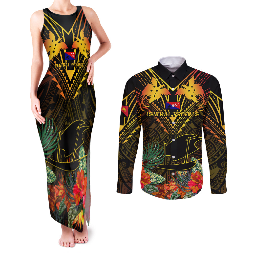 Papua New Guinea Central Province Couples Matching Tank Maxi Dress and Long Sleeve Button Shirts Papua Niugini Coat Of Arms With Flag Style - Wonder Print Shop