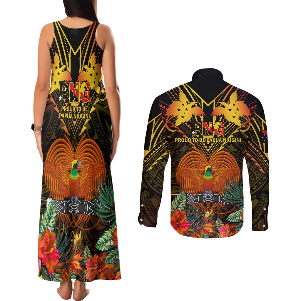 Papua New Guinea Central Province Couples Matching Tank Maxi Dress and Long Sleeve Button Shirts Papua Niugini Coat Of Arms With Flag Style - Wonder Print Shop