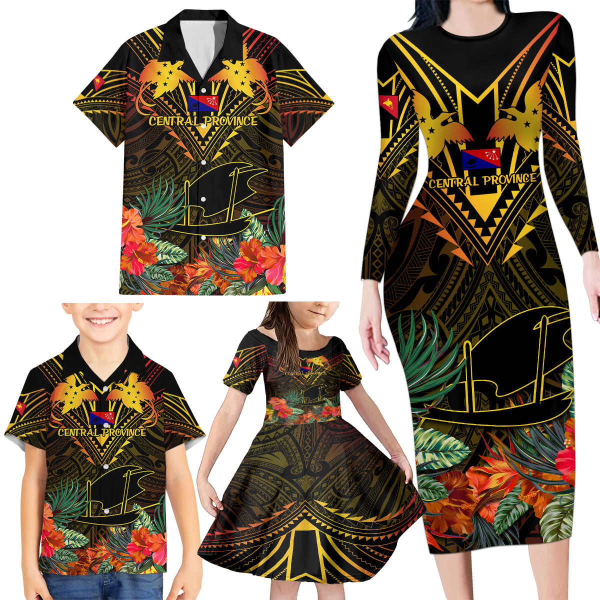 Papua New Guinea Central Province Family Matching Long Sleeve Bodycon Dress and Hawaiian Shirt Papua Niugini Coat Of Arms With Flag Style - Wonder Print Shop