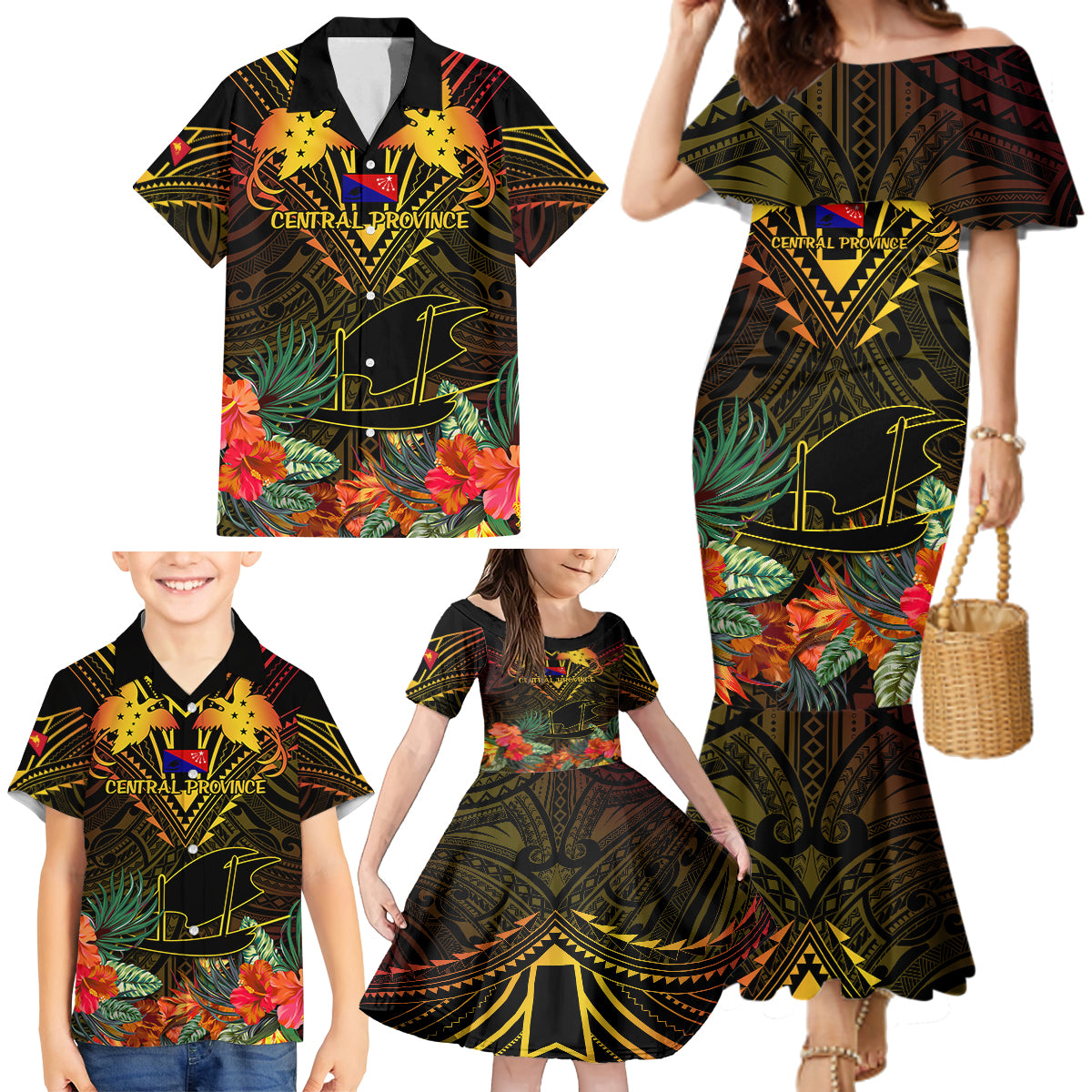 Papua New Guinea Central Province Family Matching Mermaid Dress and Hawaiian Shirt Papua Niugini Coat Of Arms With Flag Style - Wonder Print Shop