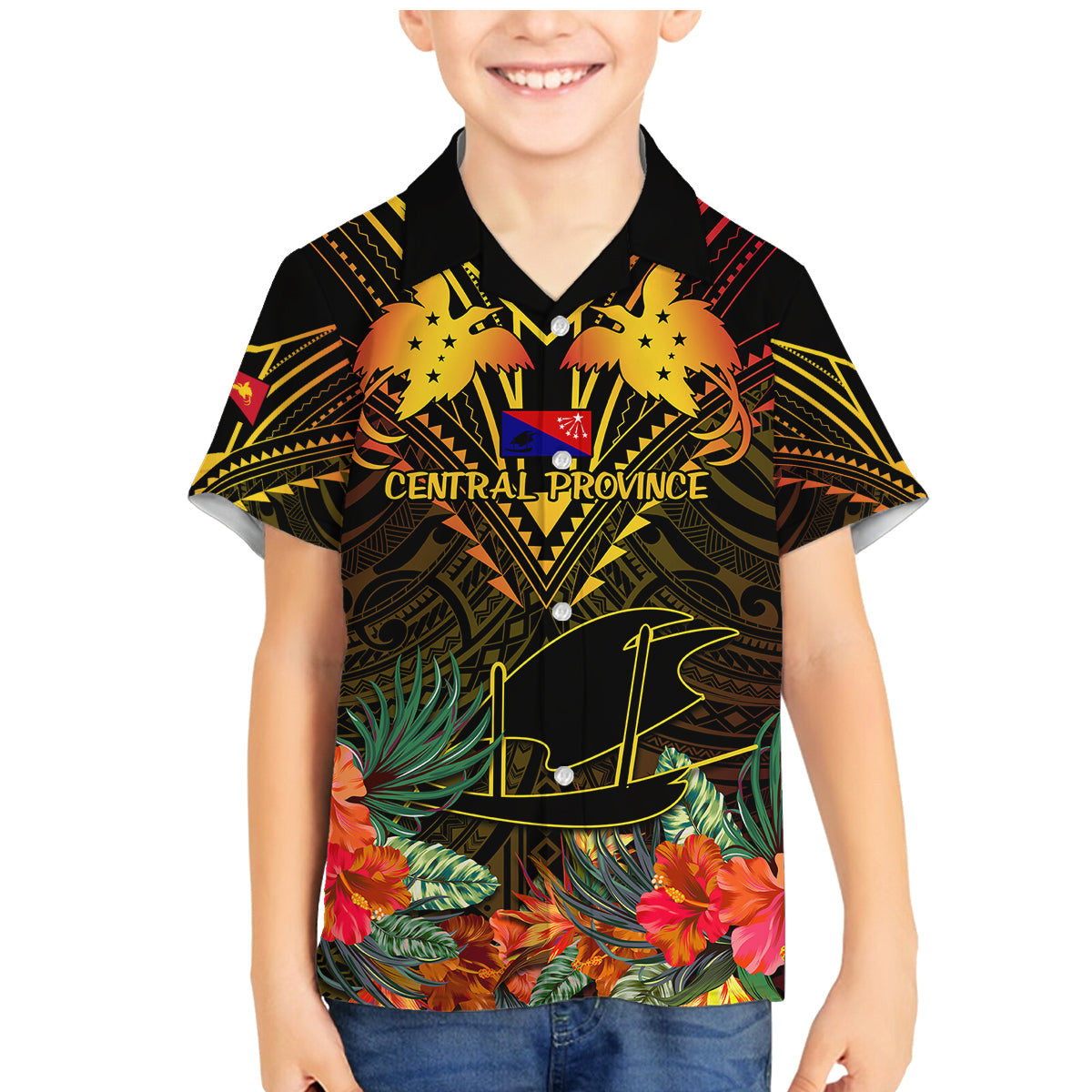Papua New Guinea Central Province Family Matching Mermaid Dress and Hawaiian Shirt Papua Niugini Coat Of Arms With Flag Style - Wonder Print Shop