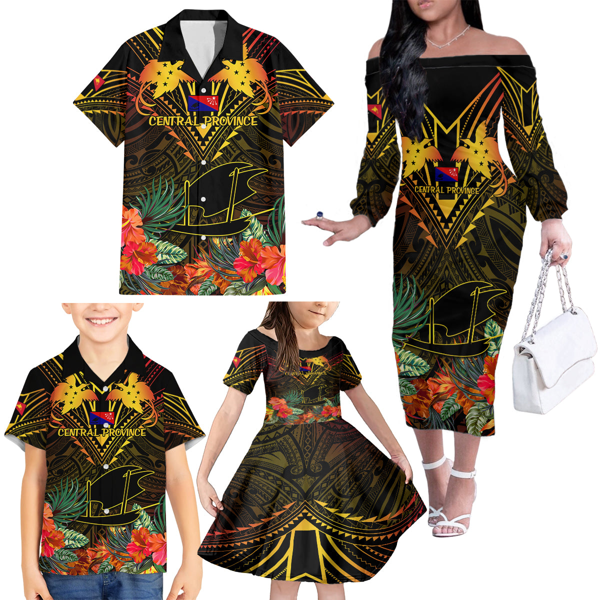 Papua New Guinea Central Province Family Matching Off Shoulder Long Sleeve Dress and Hawaiian Shirt Papua Niugini Coat Of Arms With Flag Style - Wonder Print Shop