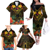 Papua New Guinea Central Province Family Matching Off Shoulder Long Sleeve Dress and Hawaiian Shirt Papua Niugini Coat Of Arms With Flag Style - Wonder Print Shop