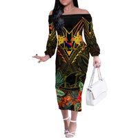 Papua New Guinea Central Province Family Matching Off Shoulder Long Sleeve Dress and Hawaiian Shirt Papua Niugini Coat Of Arms With Flag Style - Wonder Print Shop