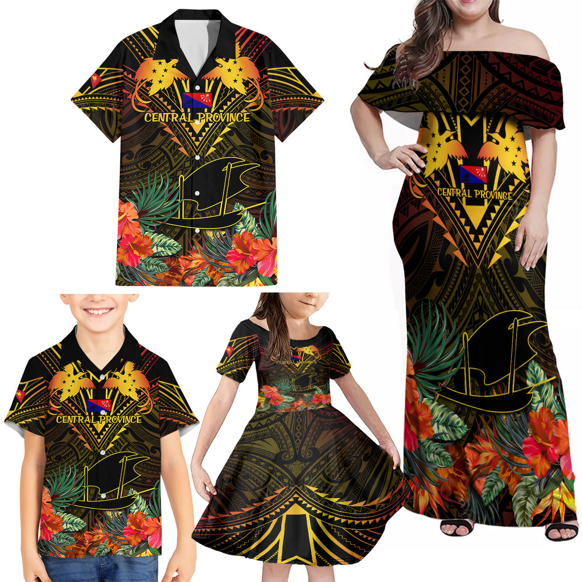 Papua New Guinea Central Province Family Matching Off Shoulder Maxi Dress and Hawaiian Shirt Papua Niugini Coat Of Arms With Flag Style - Wonder Print Shop