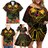 Papua New Guinea Central Province Family Matching Off Shoulder Short Dress and Hawaiian Shirt Papua Niugini Coat Of Arms With Flag Style - Wonder Print Shop