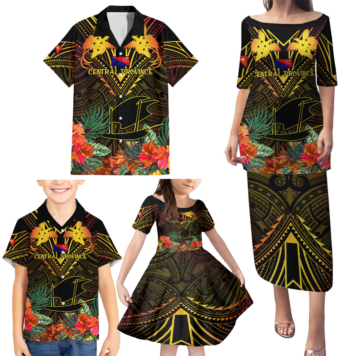 Papua New Guinea Central Province Family Matching Puletasi Dress and Hawaiian Shirt Papua Niugini Coat Of Arms With Flag Style - Wonder Print Shop
