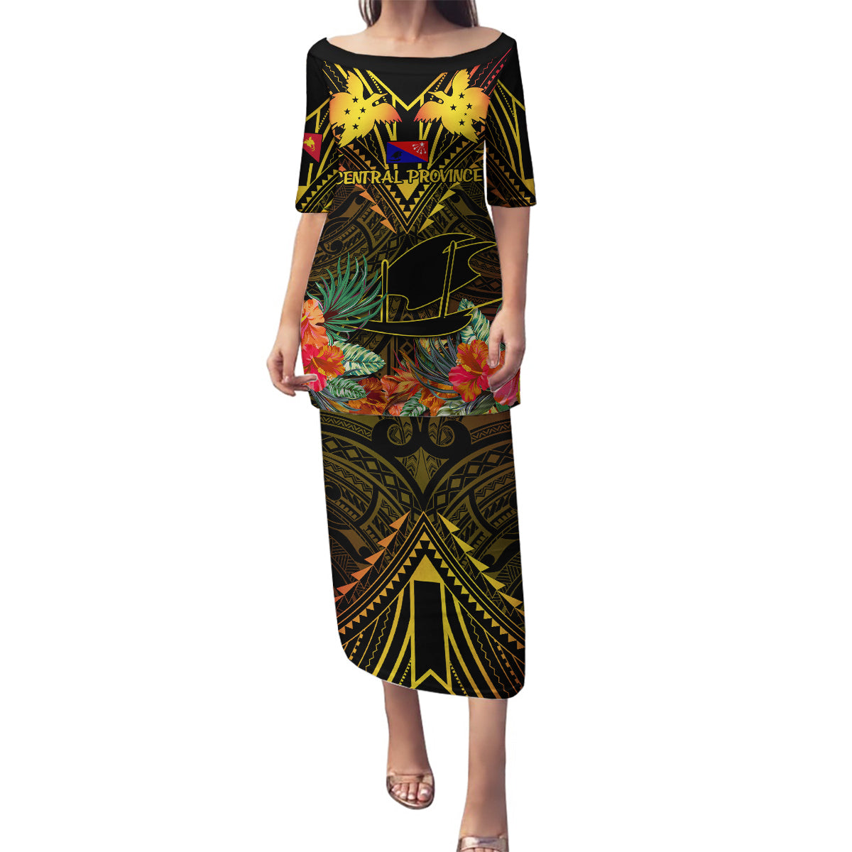 Papua New Guinea Central Province Family Matching Puletasi Dress and Hawaiian Shirt Papua Niugini Coat Of Arms With Flag Style - Wonder Print Shop