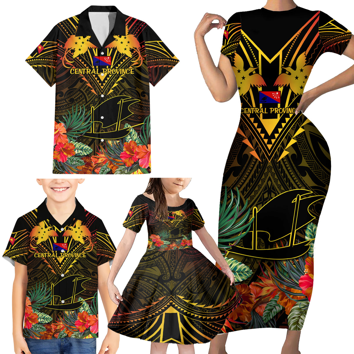 Papua New Guinea Central Province Family Matching Short Sleeve Bodycon Dress and Hawaiian Shirt Papua Niugini Coat Of Arms With Flag Style - Wonder Print Shop
