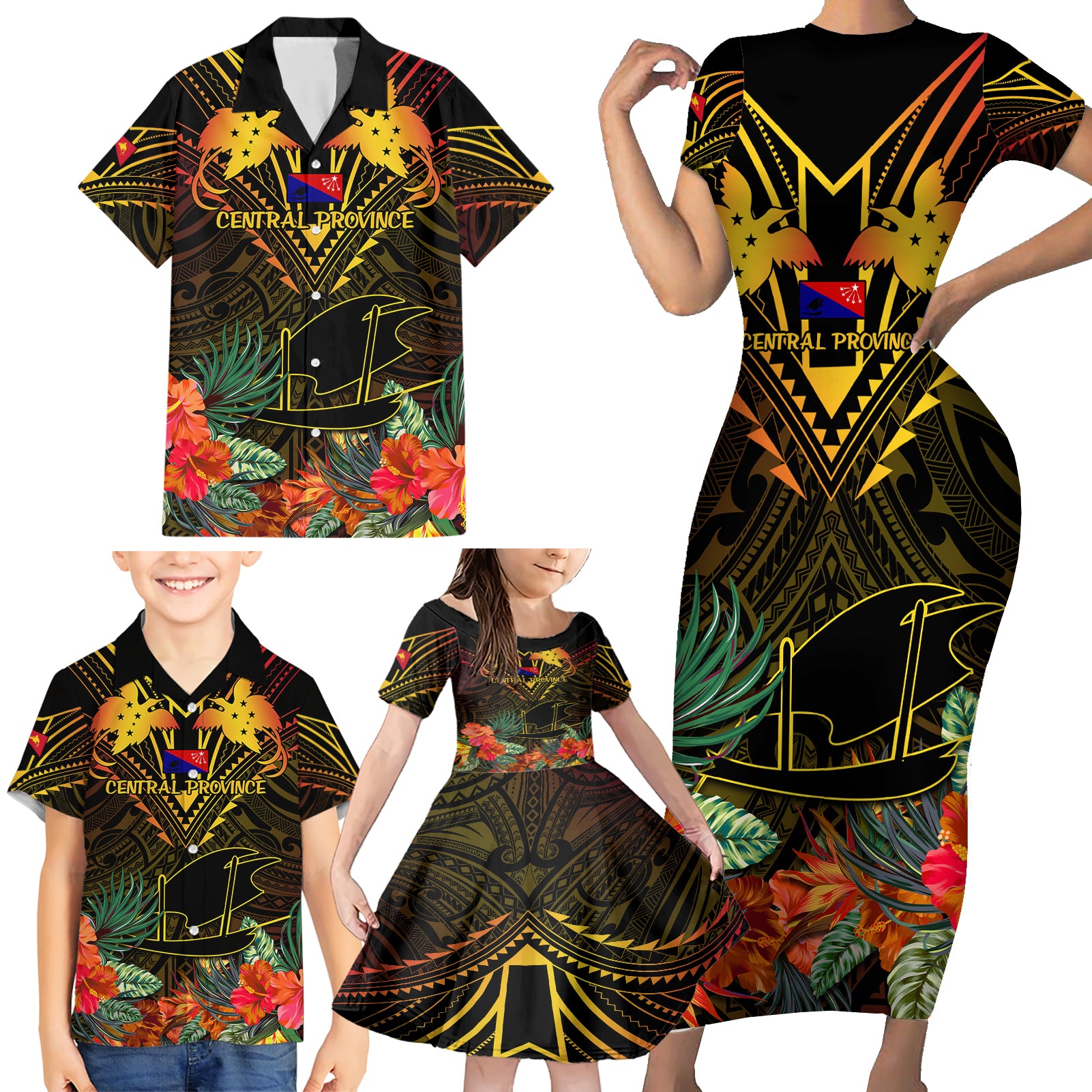 Papua New Guinea Central Province Family Matching Short Sleeve Bodycon Dress and Hawaiian Shirt Papua Niugini Coat Of Arms With Flag Style - Wonder Print Shop