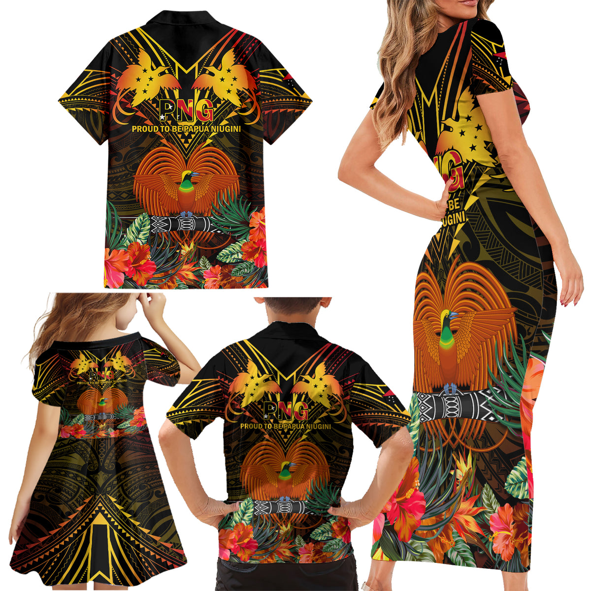 Papua New Guinea Central Province Family Matching Short Sleeve Bodycon Dress and Hawaiian Shirt Papua Niugini Coat Of Arms With Flag Style - Wonder Print Shop