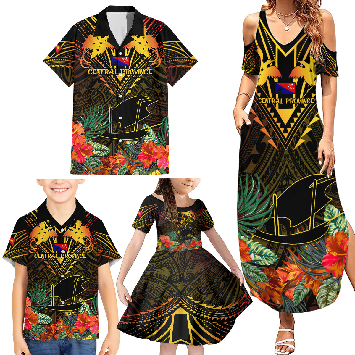Papua New Guinea Central Province Family Matching Summer Maxi Dress and Hawaiian Shirt Papua Niugini Coat Of Arms With Flag Style - Wonder Print Shop