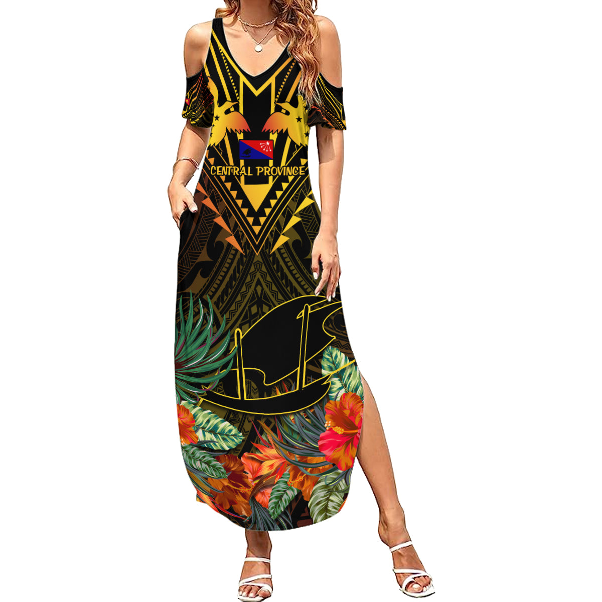 Papua New Guinea Central Province Family Matching Summer Maxi Dress and Hawaiian Shirt Papua Niugini Coat Of Arms With Flag Style - Wonder Print Shop