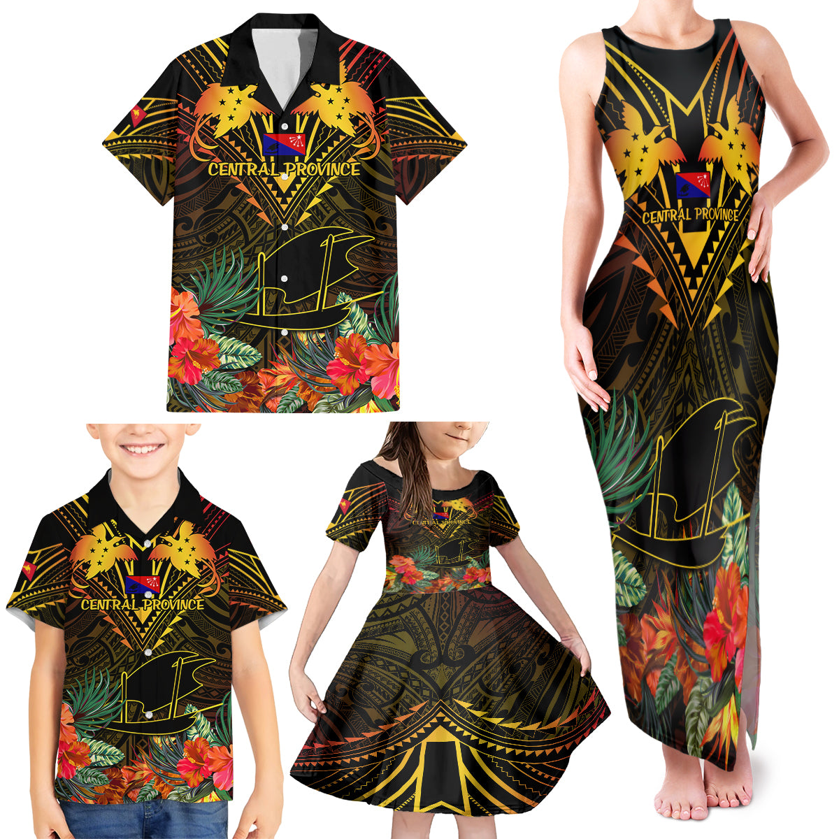 Papua New Guinea Central Province Family Matching Tank Maxi Dress and Hawaiian Shirt Papua Niugini Coat Of Arms With Flag Style - Wonder Print Shop