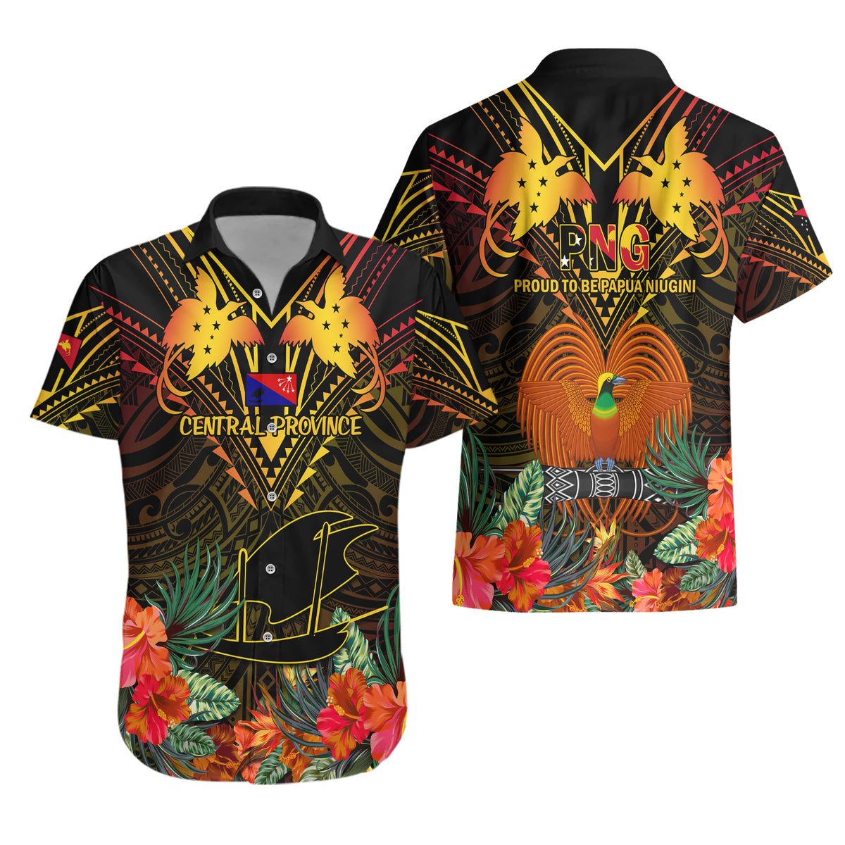 Papua New Guinea Central Province Hawaiian Shirt Papua Niugini Coat Of Arms With Flag Style - Wonder Print Shop