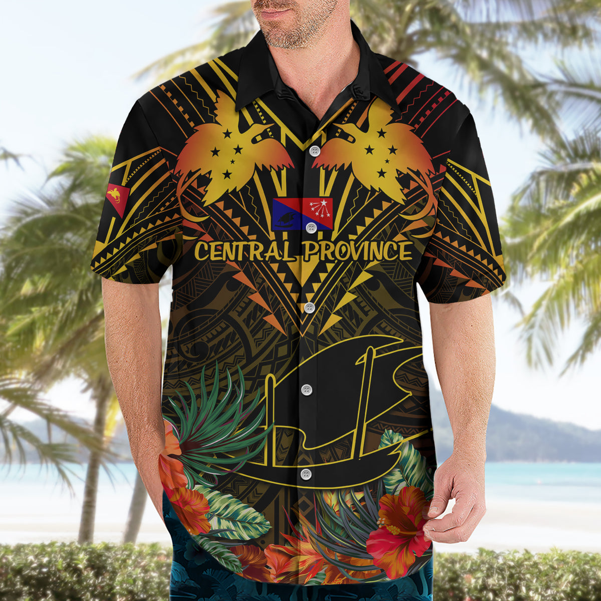 Papua New Guinea Central Province Hawaiian Shirt Papua Niugini Coat Of Arms With Flag Style - Wonder Print Shop