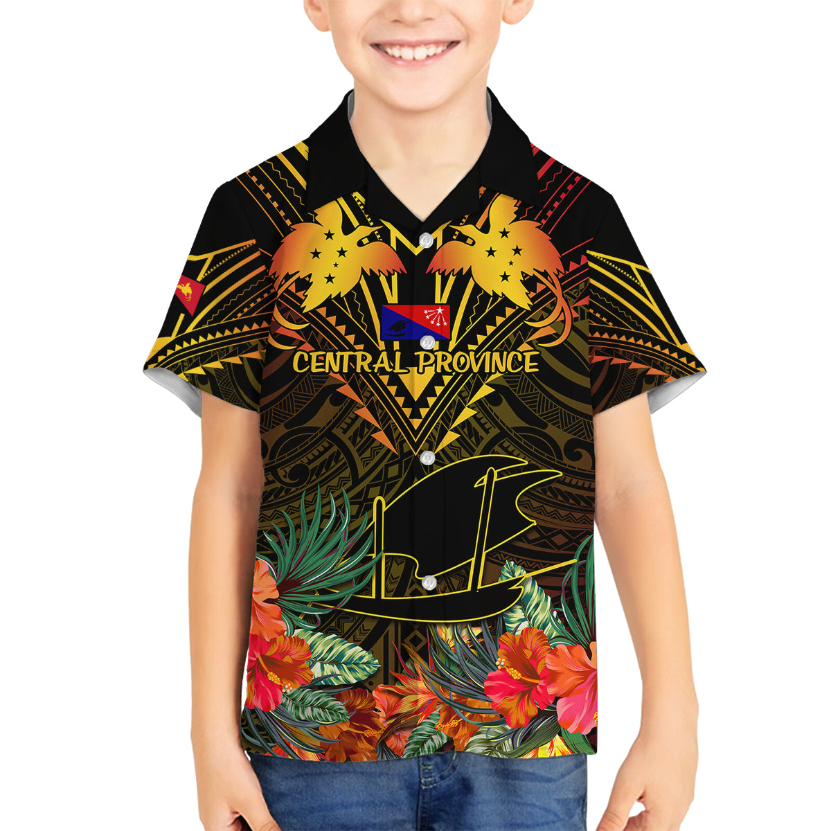 Papua New Guinea Central Province Kid Hawaiian Shirt Papua Niugini Coat Of Arms With Flag Style - Wonder Print Shop