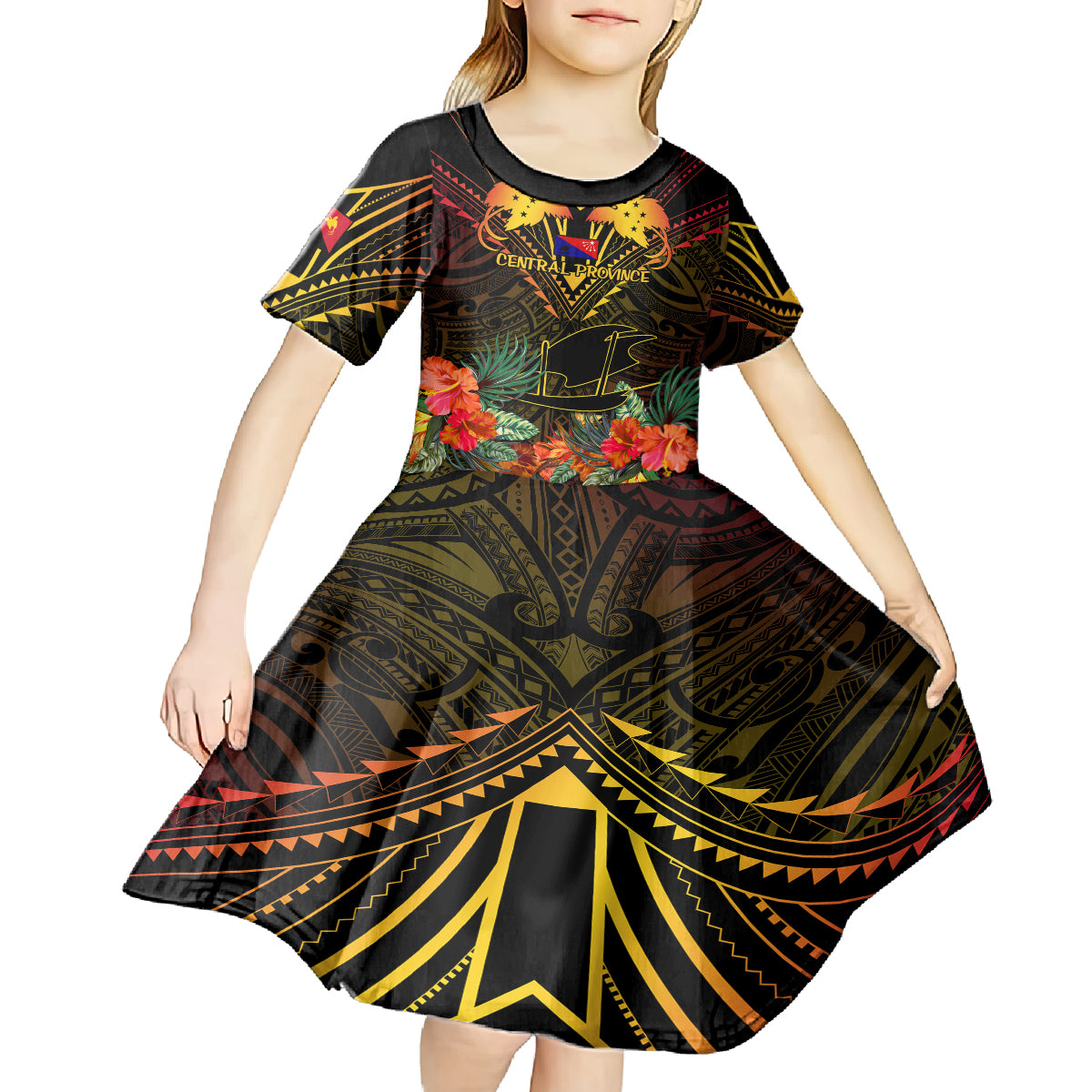 Papua New Guinea Central Province Kid Short Sleeve Dress Papua Niugini Coat Of Arms With Flag Style - Wonder Print Shop