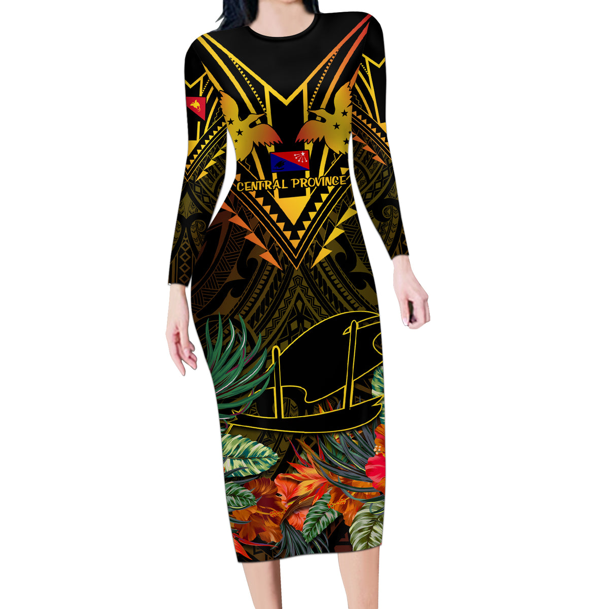 Papua New Guinea Central Province Long Sleeve Bodycon Dress Papua Niugini Coat Of Arms With Flag Style - Wonder Print Shop