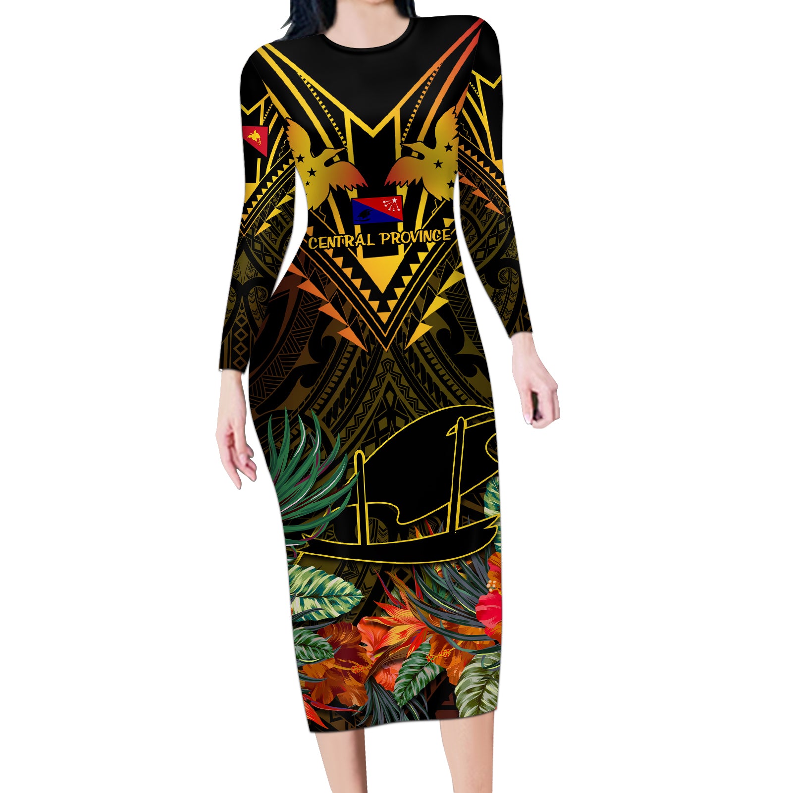 Papua New Guinea Central Province Long Sleeve Bodycon Dress Papua Niugini Coat Of Arms With Flag Style - Wonder Print Shop