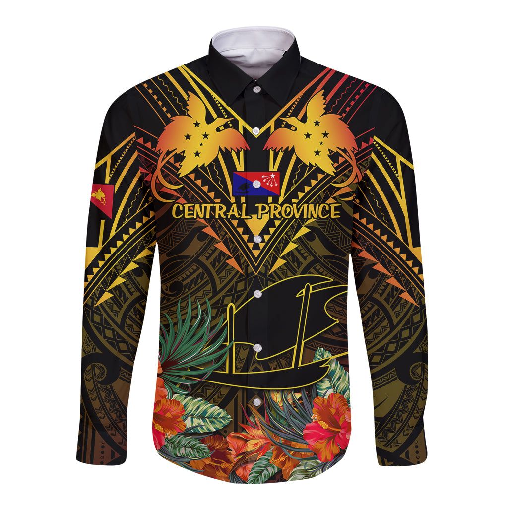 Papua New Guinea Central Province Long Sleeve Button Shirt Papua Niugini Coat Of Arms With Flag Style - Wonder Print Shop