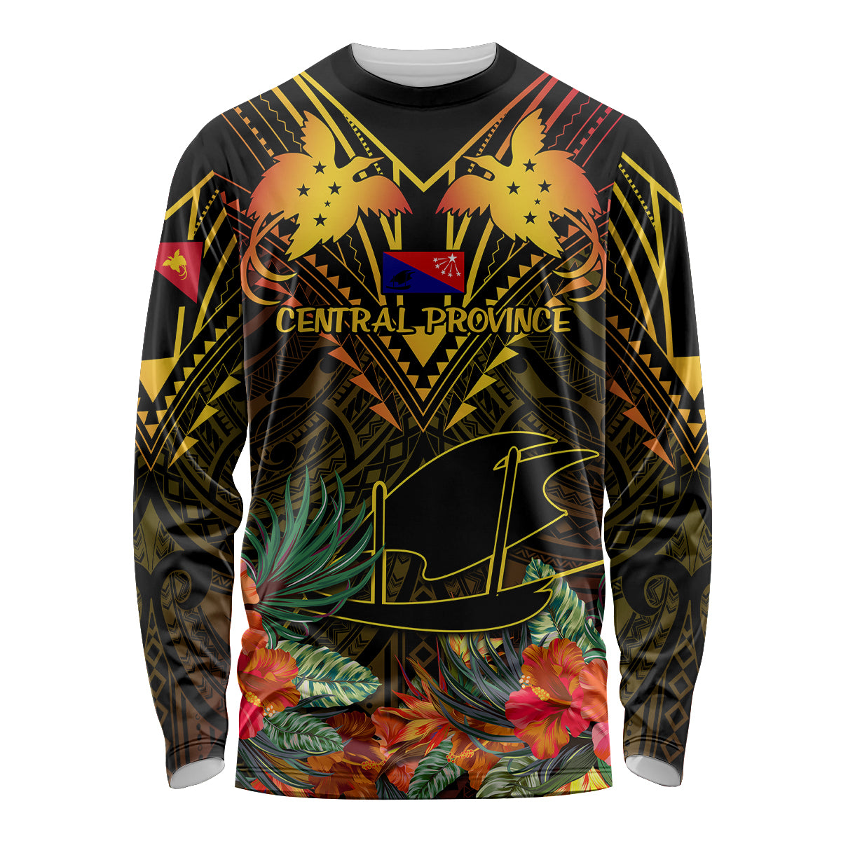 Papua New Guinea Central Province Long Sleeve Shirt Papua Niugini Coat Of Arms With Flag Style - Wonder Print Shop