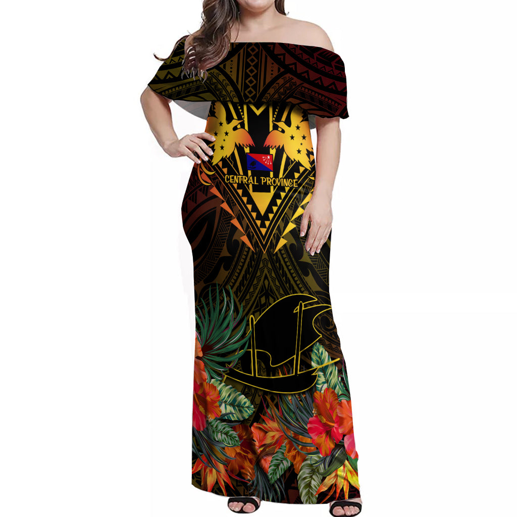 Papua New Guinea Central Province Off Shoulder Maxi Dress Papua Niugini Coat Of Arms With Flag Style - Wonder Print Shop