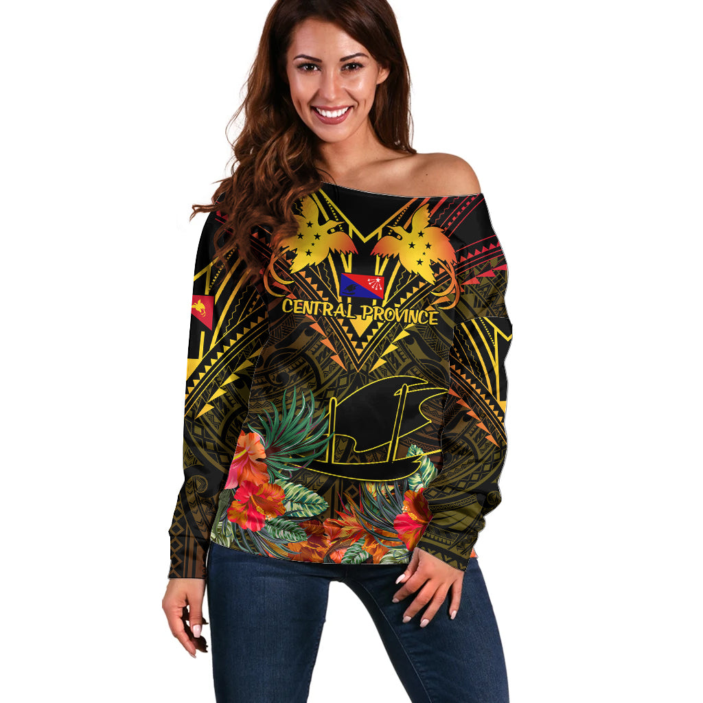 Papua New Guinea Central Province Off Shoulder Sweater Papua Niugini Coat Of Arms With Flag Style - Wonder Print Shop