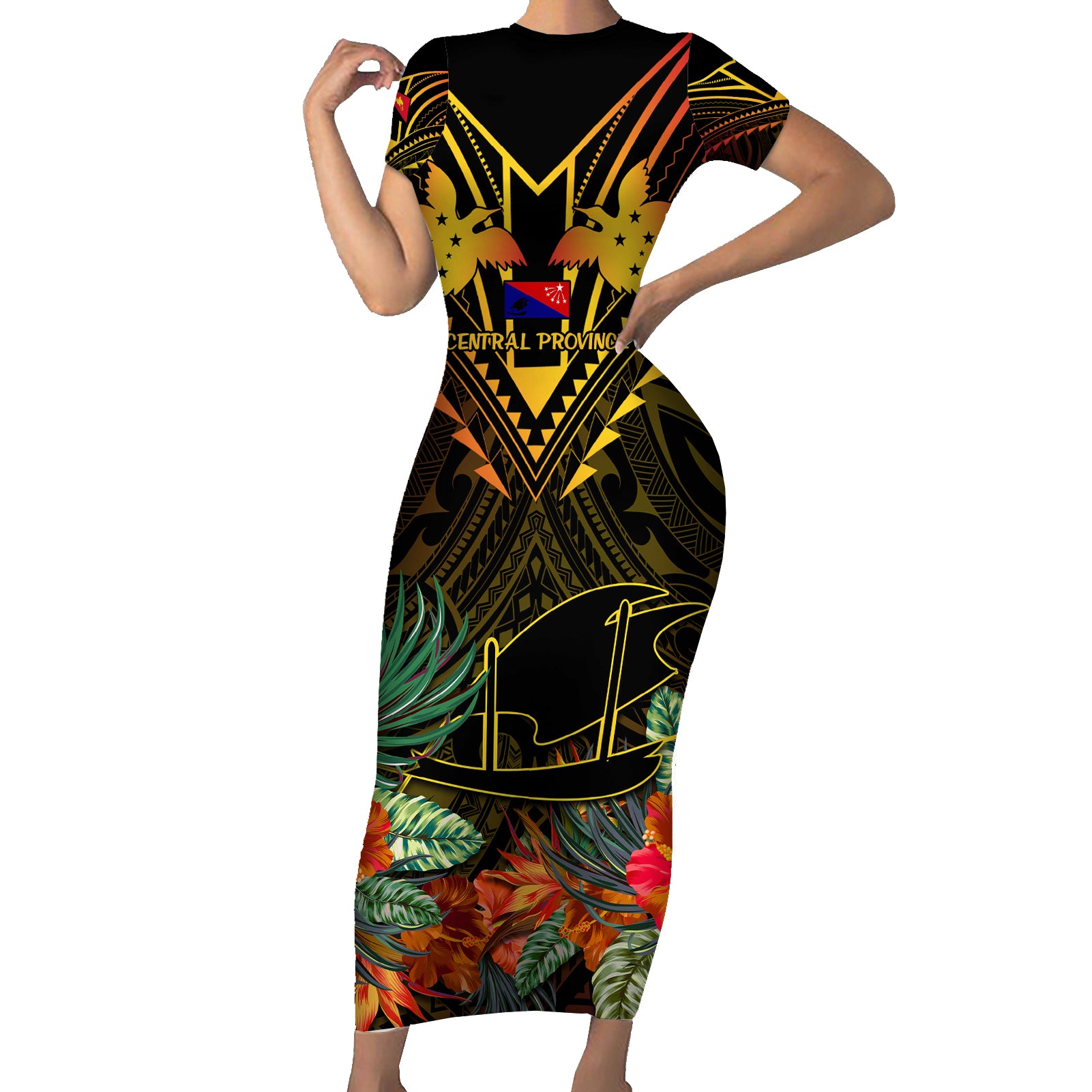 Papua New Guinea Central Province Short Sleeve Bodycon Dress Papua Niugini Coat Of Arms With Flag Style - Wonder Print Shop