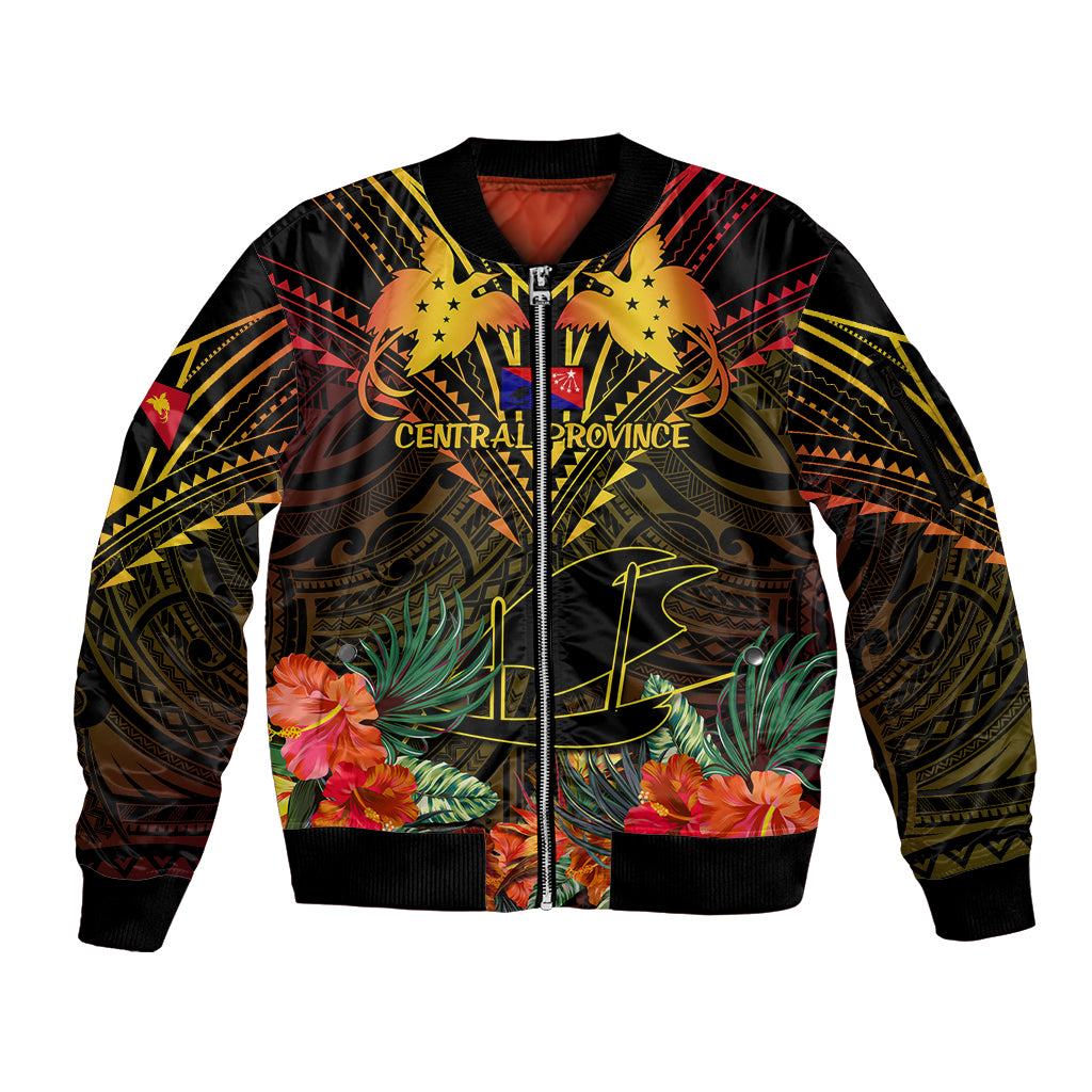 Papua New Guinea Central Province Sleeve Zip Bomber Jacket Papua Niugini Coat Of Arms With Flag Style - Wonder Print Shop