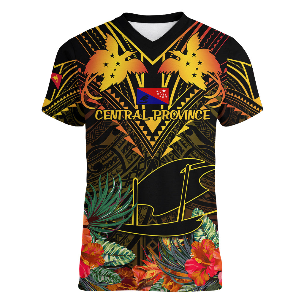 Papua New Guinea Central Province Women V Neck T Shirt Papua Niugini Coat Of Arms With Flag Style - Wonder Print Shop