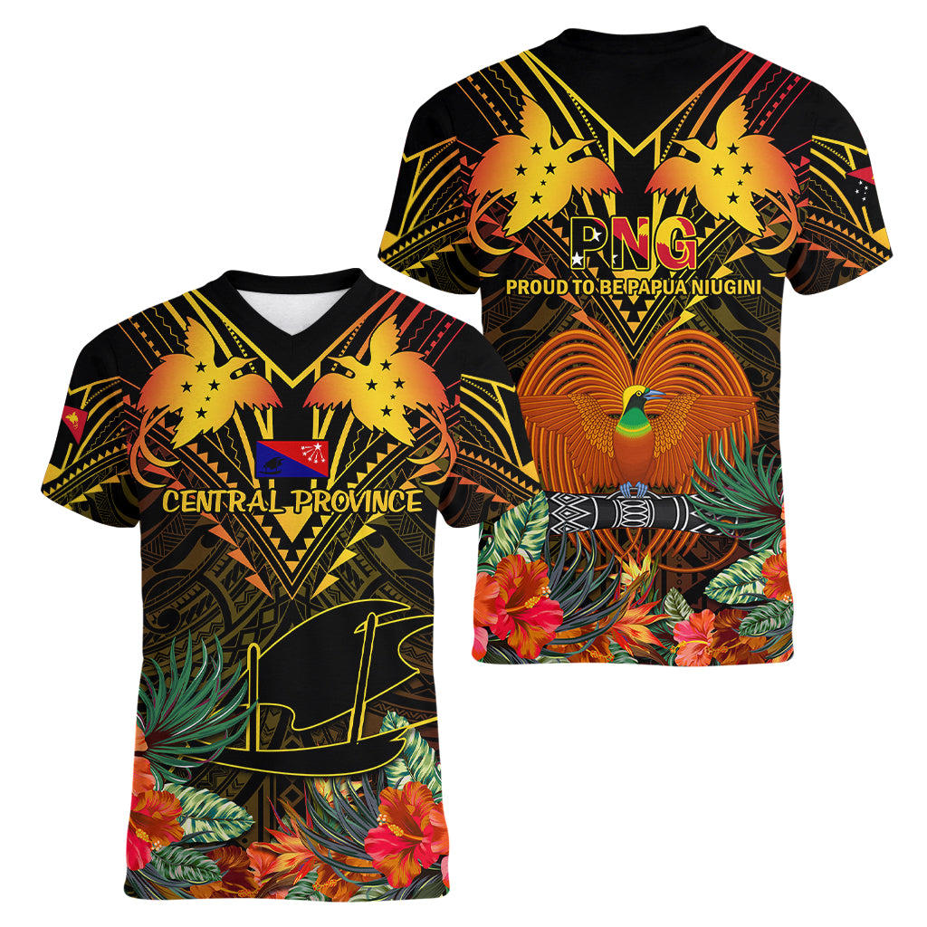 Papua New Guinea Central Province Women V Neck T Shirt Papua Niugini Coat Of Arms With Flag Style - Wonder Print Shop