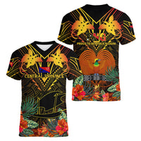 Papua New Guinea Central Province Women V Neck T Shirt Papua Niugini Coat Of Arms With Flag Style - Wonder Print Shop