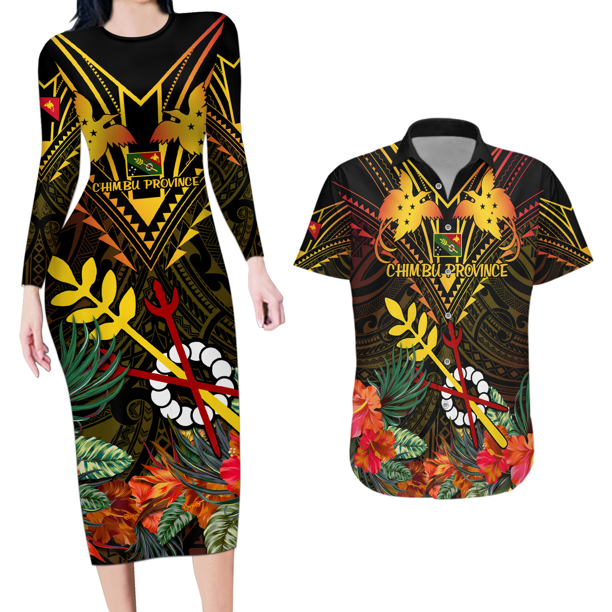 Papua New Guinea Chimbu Province Couples Matching Long Sleeve Bodycon Dress and Hawaiian Shirt Papua Niugini Coat Of Arms With Flag Style - Wonder Print Shop