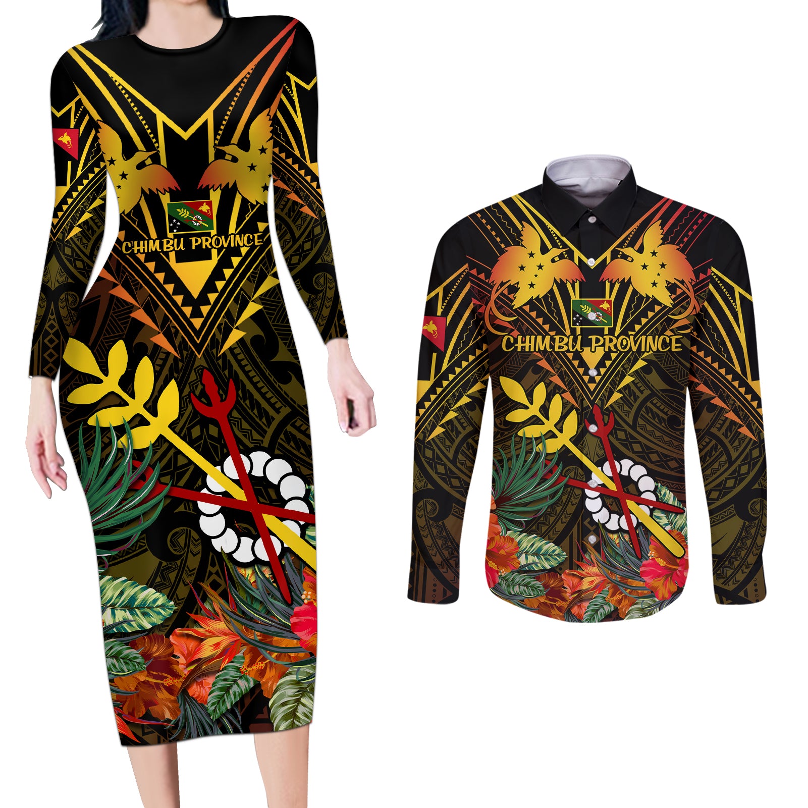 Papua New Guinea Chimbu Province Couples Matching Long Sleeve Bodycon Dress and Long Sleeve Button Shirts Papua Niugini Coat Of Arms With Flag Style - Wonder Print Shop
