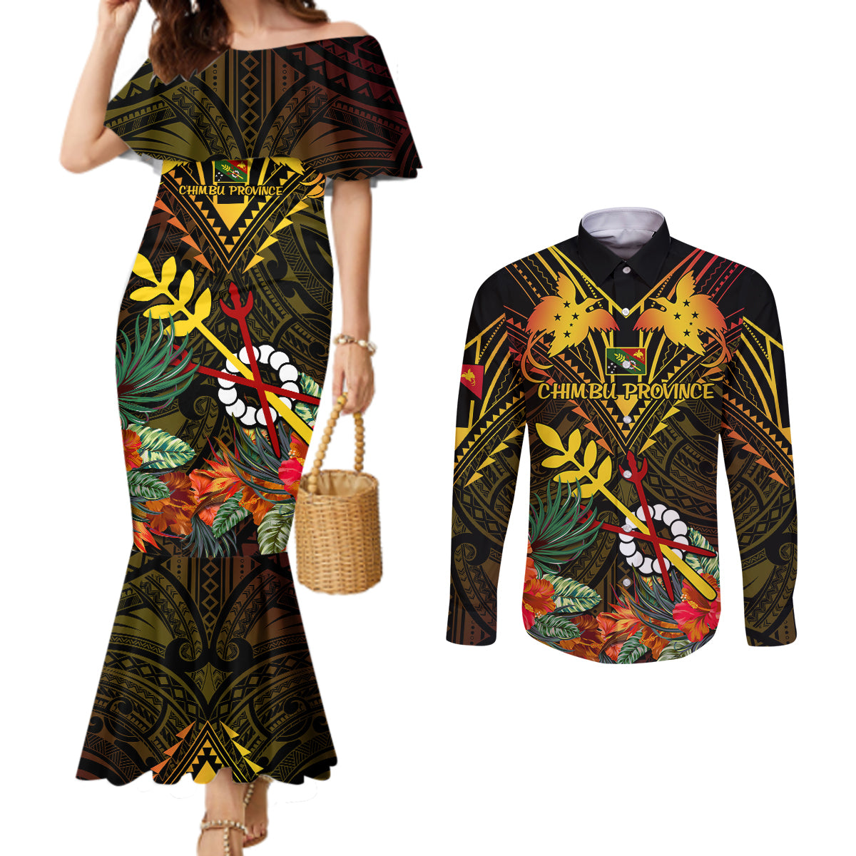 papua-new-guinea-chimbu-province-couples-matching-mermaid-dress-and-long-sleeve-button-shirts-papua-niugini-coat-of-arms-with-flag-style
