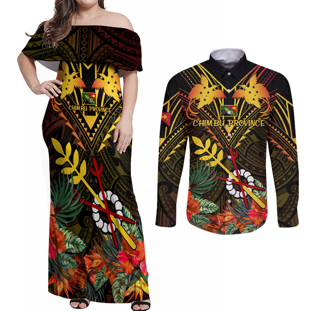Papua New Guinea Chimbu Province Couples Matching Off Shoulder Maxi Dress and Long Sleeve Button Shirts Papua Niugini Coat Of Arms With Flag Style - Wonder Print Shop