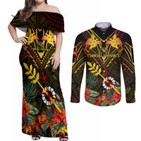 Papua New Guinea Chimbu Province Couples Matching Off Shoulder Maxi Dress and Long Sleeve Button Shirts Papua Niugini Coat Of Arms With Flag Style - Wonder Print Shop