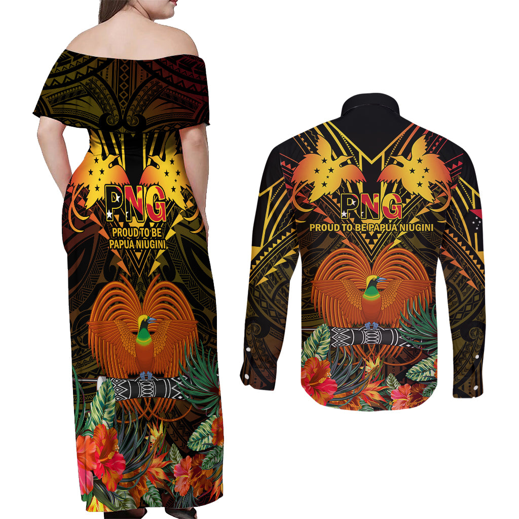 Papua New Guinea Chimbu Province Couples Matching Off Shoulder Maxi Dress and Long Sleeve Button Shirts Papua Niugini Coat Of Arms With Flag Style - Wonder Print Shop