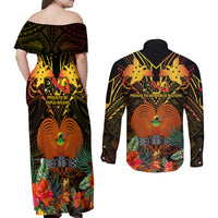 Papua New Guinea Chimbu Province Couples Matching Off Shoulder Maxi Dress and Long Sleeve Button Shirts Papua Niugini Coat Of Arms With Flag Style - Wonder Print Shop