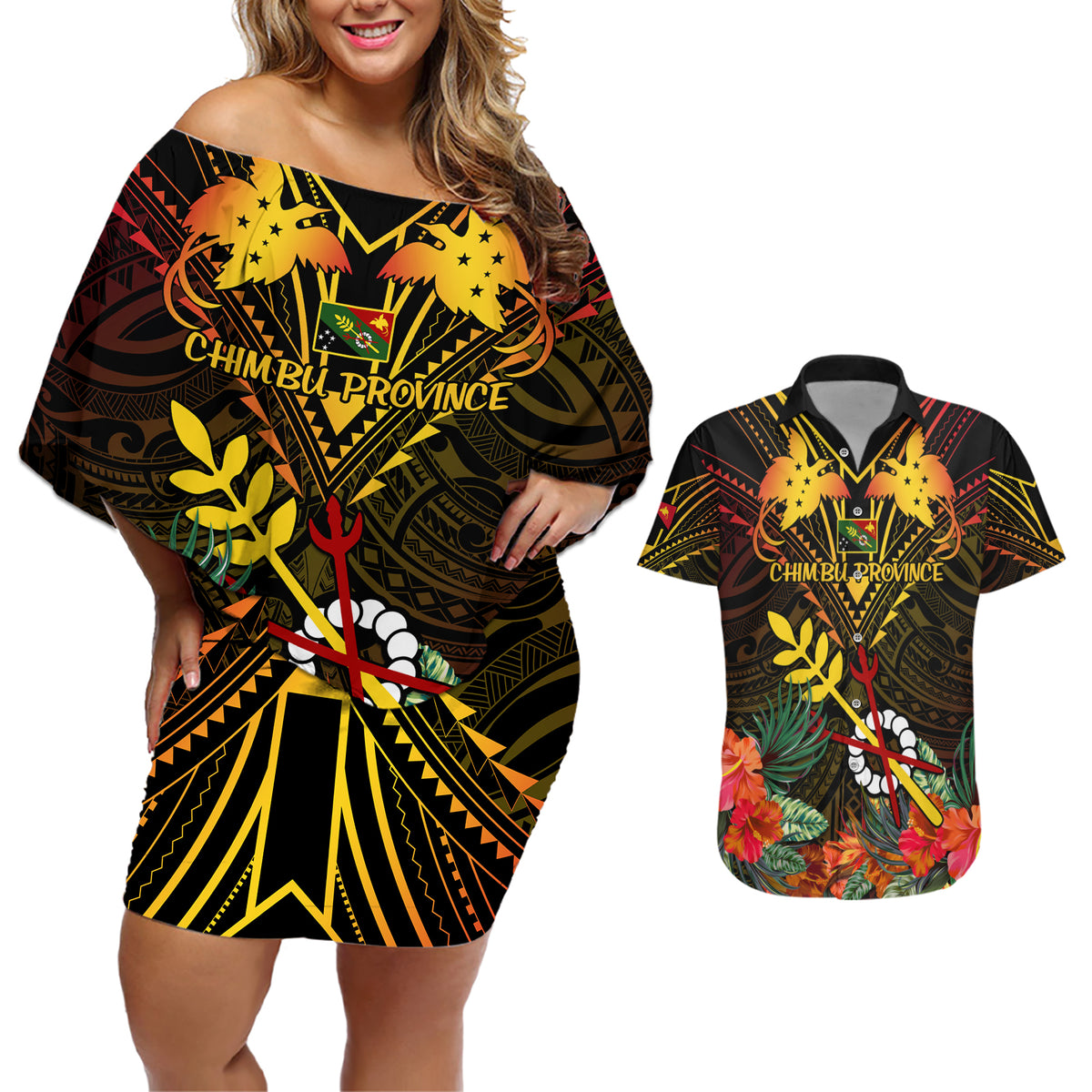 Papua New Guinea Chimbu Province Couples Matching Off Shoulder Short Dress and Hawaiian Shirt Papua Niugini Coat Of Arms With Flag Style - Wonder Print Shop