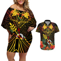 Papua New Guinea Chimbu Province Couples Matching Off Shoulder Short Dress and Hawaiian Shirt Papua Niugini Coat Of Arms With Flag Style - Wonder Print Shop