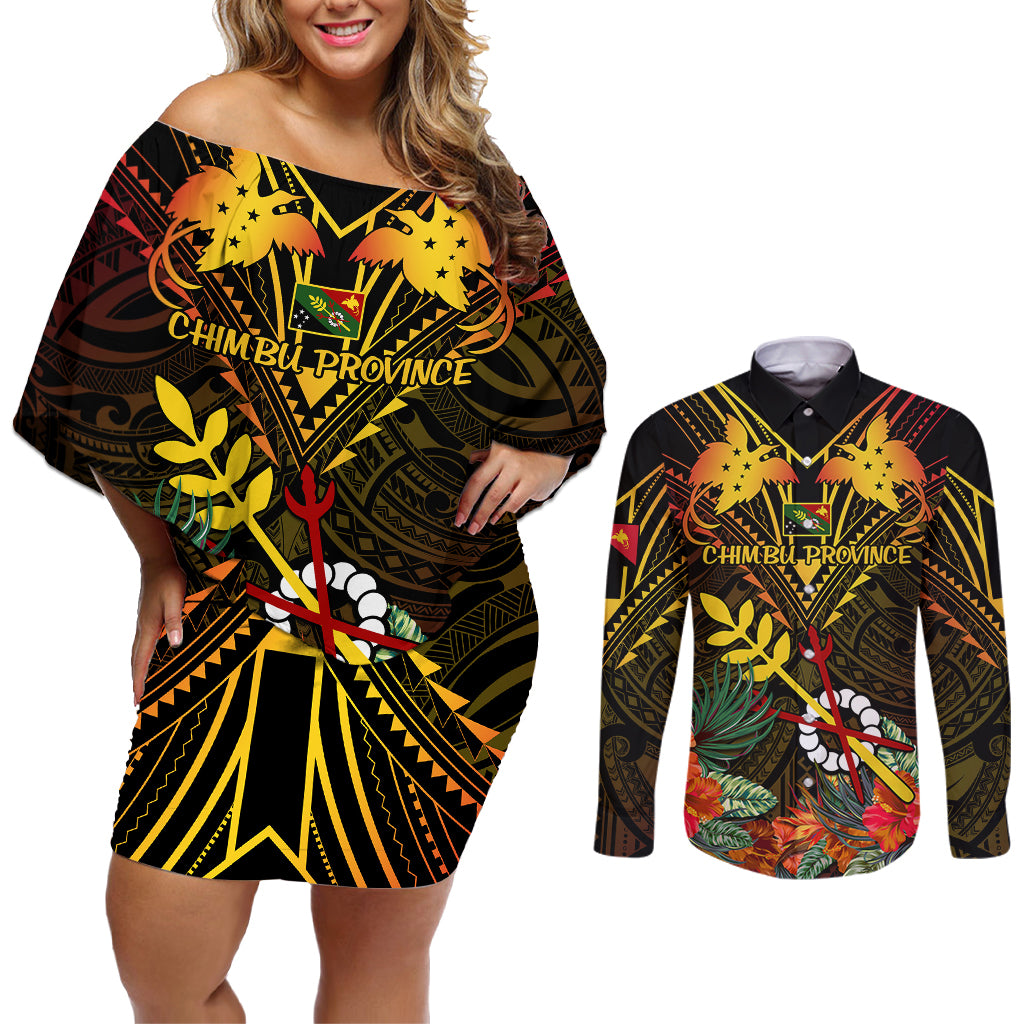 Papua New Guinea Chimbu Province Couples Matching Off Shoulder Short Dress and Long Sleeve Button Shirts Papua Niugini Coat Of Arms With Flag Style - Wonder Print Shop
