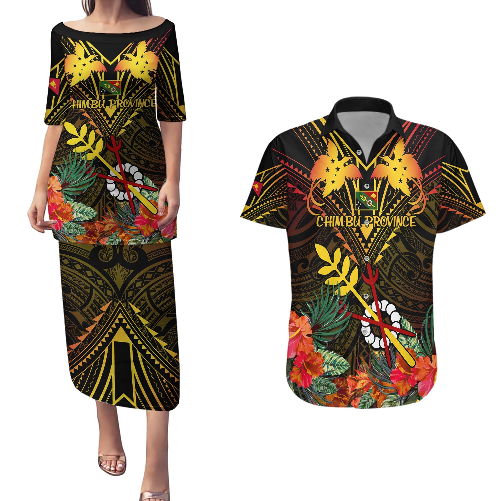 Papua New Guinea Chimbu Province Couples Matching Puletasi Dress and Hawaiian Shirt Papua Niugini Coat Of Arms With Flag Style - Wonder Print Shop