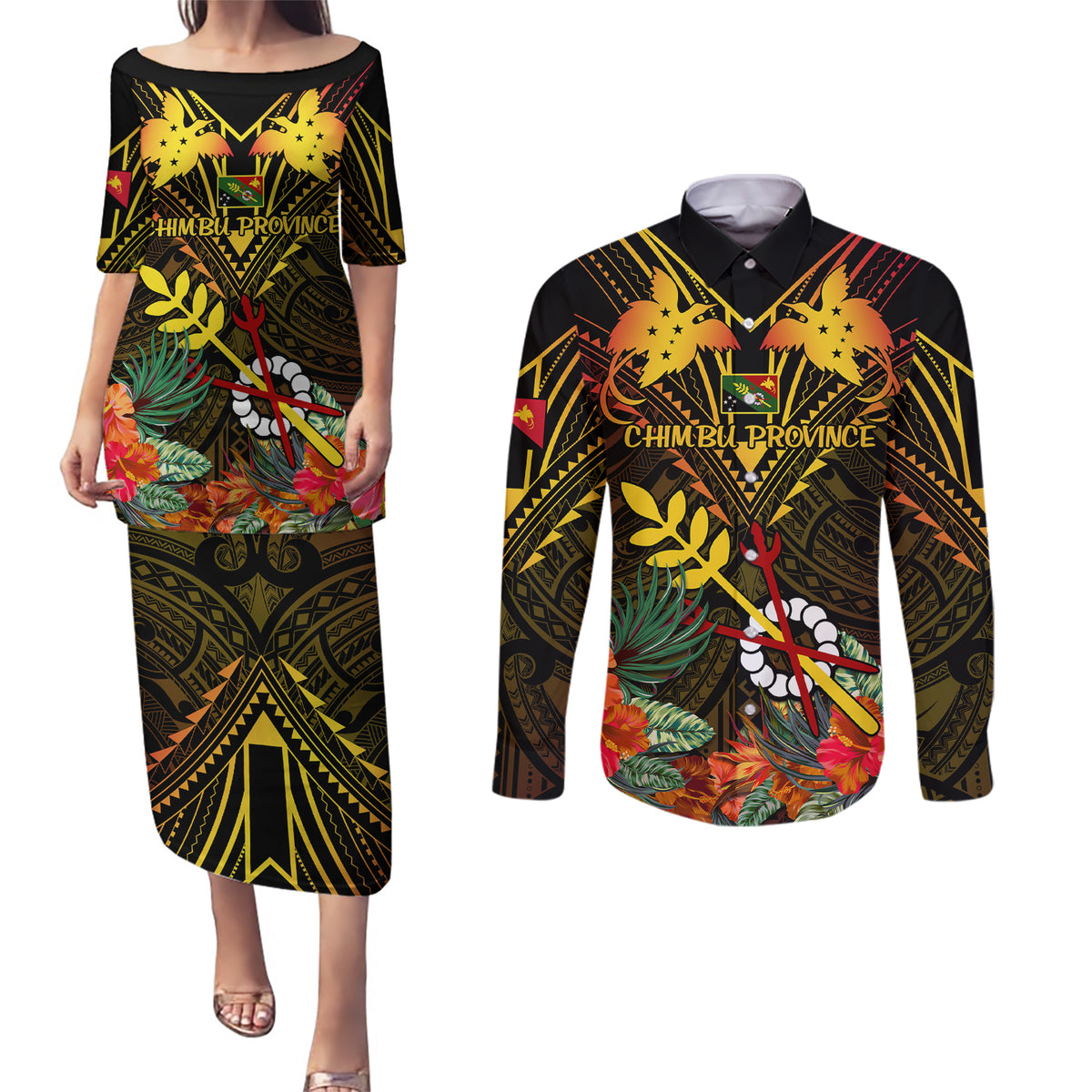 Papua New Guinea Chimbu Province Couples Matching Puletasi Dress and Long Sleeve Button Shirts Papua Niugini Coat Of Arms With Flag Style - Wonder Print Shop