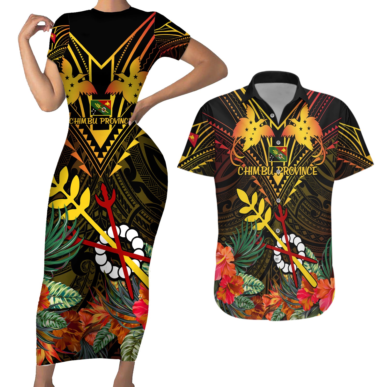 Papua New Guinea Chimbu Province Couples Matching Short Sleeve Bodycon Dress and Hawaiian Shirt Papua Niugini Coat Of Arms With Flag Style - Wonder Print Shop