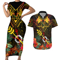 Papua New Guinea Chimbu Province Couples Matching Short Sleeve Bodycon Dress and Hawaiian Shirt Papua Niugini Coat Of Arms With Flag Style - Wonder Print Shop