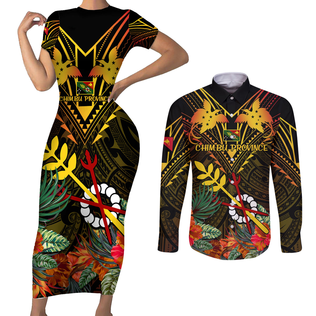 Papua New Guinea Chimbu Province Couples Matching Short Sleeve Bodycon Dress and Long Sleeve Button Shirts Papua Niugini Coat Of Arms With Flag Style - Wonder Print Shop