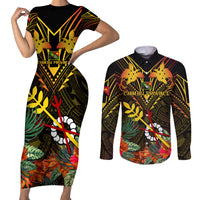 Papua New Guinea Chimbu Province Couples Matching Short Sleeve Bodycon Dress and Long Sleeve Button Shirts Papua Niugini Coat Of Arms With Flag Style - Wonder Print Shop