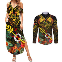 Papua New Guinea Chimbu Province Couples Matching Summer Maxi Dress and Long Sleeve Button Shirts Papua Niugini Coat Of Arms With Flag Style - Wonder Print Shop